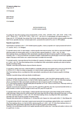 Opozorilo najemodajalca najemniku, ki krši najemno pogodbo - Najemodajalec, ki želi odpovedati najemno pogodbo najemniku, ki krši določila najemne pogodbe (103. člen SZ) mora predhodno pisno opozoril najemnika, ki krši najemno pogodbo.
Takšno opozorilo lahko izdelate s pomočjo spodnjega e-obrazca -
več o odpovednih razlogih po 103. členu SZ.